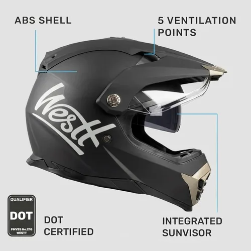 Miniatura 2 de Westt Cross - Casco de motocross con visera doble, color negro mate aprobado por DOT para adultos en ATV, MTB, motos de 4 ruedas, motos de nieve