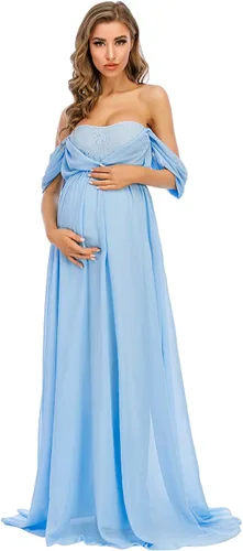 Miniatura 3 de ZIUMUDY Vestido de gasa de maternidad con hombros descubiertos para sesión de fotos, maxi vestido de encaje para baby shower, vestido de fiesta