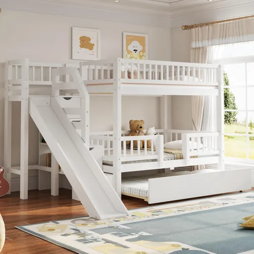Miniatura 15 de Litera de casa individual sobre cama individual con tobogán convertible y nido, litera de madera maciza con techo y ventana para niños, verde-blanco
