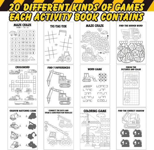 Miniatura 4 de Sinmoe Juego de 36 libros de actividades para fiestas infantiles, incluye camiones de construcción: camiones volquete, excavadoras, grúas, tractores