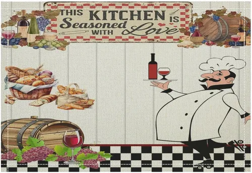 Miniatura 20 de Juego de 4 manteles individuales con estampado de cocina de chef, restaurante, cocina, acuarela, manteles individuales de tela lavable para mesa