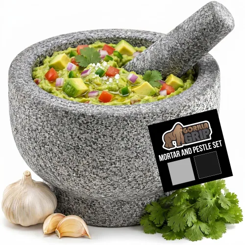 GORILLA GRIP Juego de mortero y mazo XL de servicio pesado con base antideslizante, 4 tazas, 100% piedra de granito molcajete tazón de guacamole,