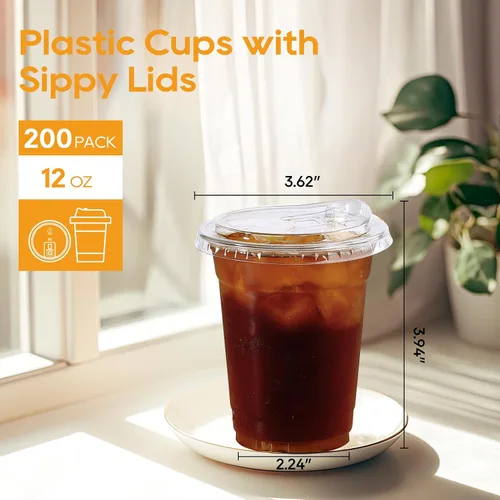 Miniatura 2 de Turbo Bee 12 OZ 200 Juegos Vasos de Plástico Transparente Cristalino con Tapas para Sorber sin Pajilla, Vasos de Plástico Desechables Transparentes