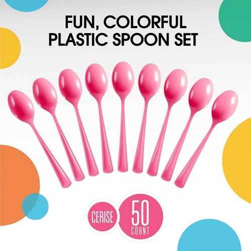 Miniatura 3 de Exquisite Cucharas de plástico rosa intenso, 50 unidades, cucharas de color rosa intenso, utensilios desechables, juego de cubiertos de plástico