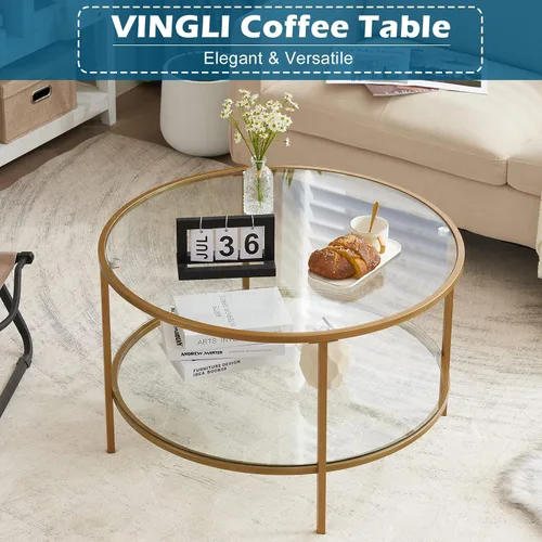 Miniatura 5 de VINGLI Mesa de centro de cristal, mesa de centro redonda de 30 pulgadas, mesas de centro doradas para sala de estar, mesa de centro de 2 niveles