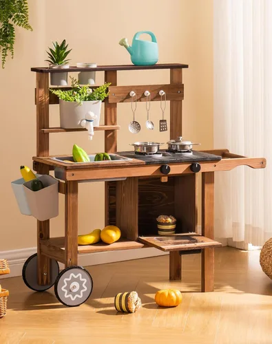Miniatura 10 de ROBUD Play Kitchen, Juego de Cocina de Juguete Grande Rosa con Cafetera y Tostadora de Juguete para Niños Pequeños de 3+ Años, Cocina de Madera