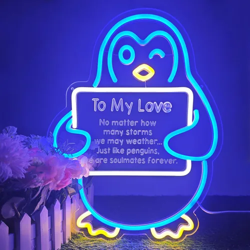 Regalos para el día de San Valentín para ella, él, novio, novia, letrero de neón LED de pingüino azul, decoración romántica de pared para parejas,