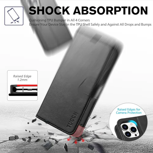 Miniatura 6 de TUCCH Funda tipo cartera para iPhone 13 Pro, tarjetero con bloqueo RFID, soporte magnético de piel sintética, funda protectora de poliuretano Negro