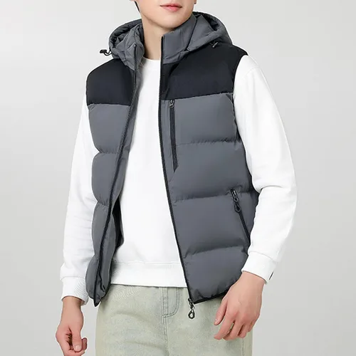 Miniatura 3 de Chaleco de invierno para hombre, acolchado, sin mangas, con capucha extraíble, informal, con cremallera y cálido.