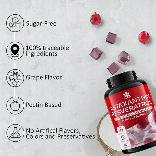Miniatura 7 de Suplementos de astaxantina de 24 mg con resveratrol, vitamina B1, aceite de coco, antioxidantes orgánicos de algas para hombres y mujeres