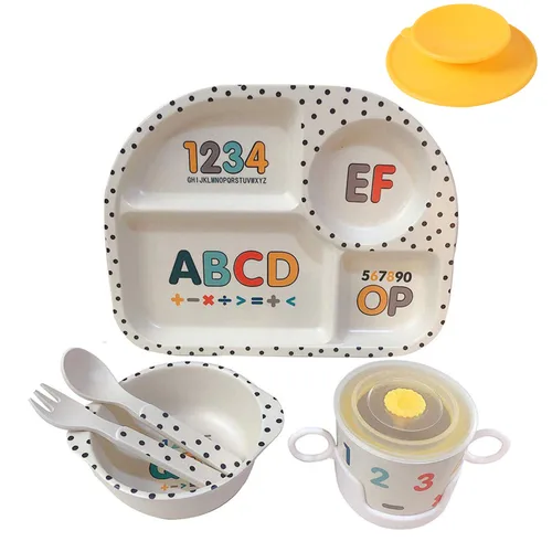 Miniatura 15 de shopwithgreen - Juego de 7 piezas de bambú para niños - Vajilla para niños - Plato, tazón, taza, cuchara, tenedor, vajilla para comida, vajilla