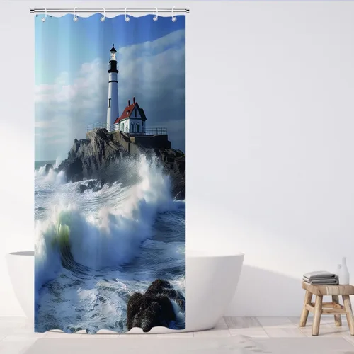 Miniatura 4 de Cortina de ducha con diseño de océano azul, faro, náutico, costero, escénico, naturaleza, rock, blanco, juego de decoración de baño, lavable a