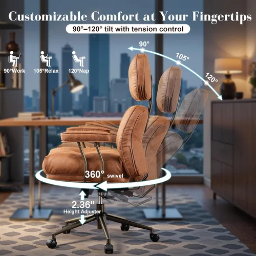 Miniatura 5 de Silla ergonómica de escritorio de oficina en casa, silla giratoria de 360° con inclinación y altura ajustable con cojín grueso y reposabrazos