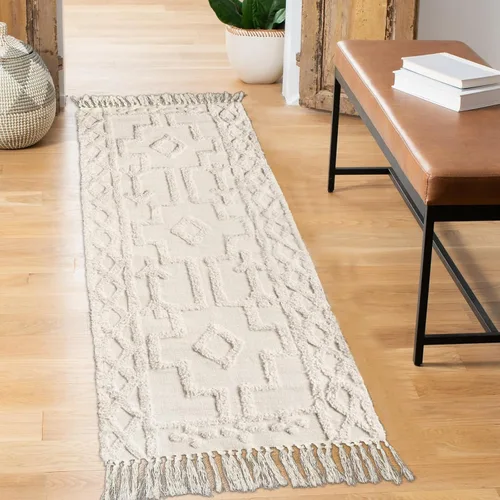 Miniatura 17 de Uphome Alfombra bohemia para pasillo de 2 x 6 pies, color beige, de algodón, lavable, con borlas, tejida a mano, alfombra de pasillo occidental