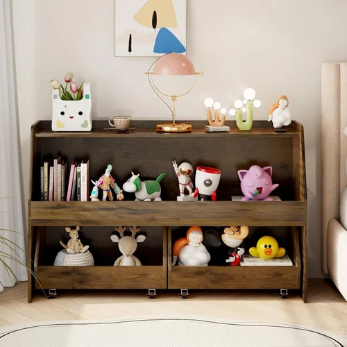 COZPAW Organizador de almacenamiento de juguetes, estante Montessori de 2 niveles con contenedores móviles (marrón)