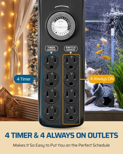 Miniatura 2 de DEWENWILS - Tira de enchufes con temporizador mecánico de 8 salidas, cable de alimentación de 6 pies y enchufe plano, temporizador mecánico