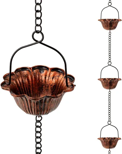 Miniatura 10 de Cadena de lluvia de 10.2 pies para exterior, cadena de lluvia de loto con 16 copas, cadena de captura de lluvia ajustable para exteriores, bajante