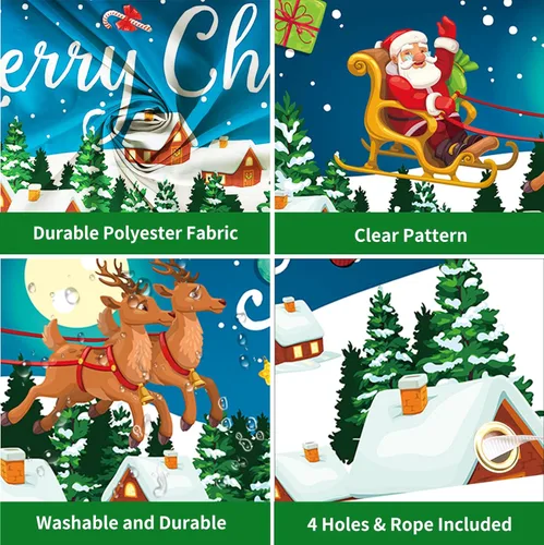 Miniatura 3 de Cartel de Navidad al aire libre, gran tela azul decoraciones de Feliz Navidad con Papá Noel renos regalos de fondo, cartel de Navidad para patio