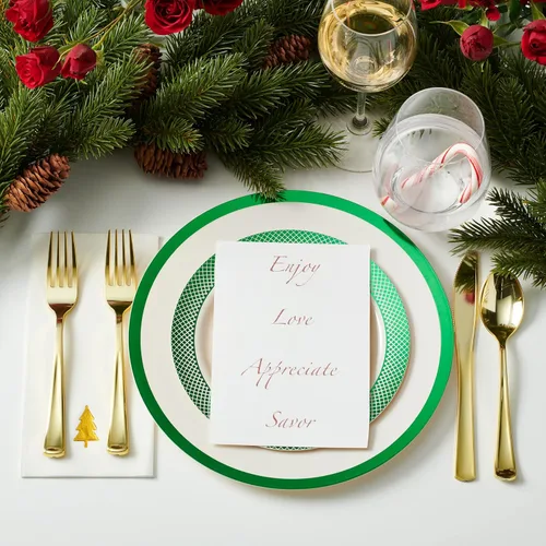 Miniatura 6 de By Madee HEAVYweight - Juego de vajilla desechable de 175 piezas con borde verde para 25 invitados