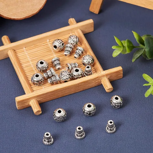 Miniatura 2 de Juego de 10 cuentas de plata tibetana de gurú de 3 agujeros, cuentas perforadas en T, cuentas de gurú budista, cuentas sueltas de metal, cuentas