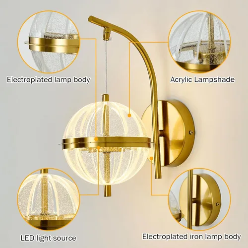 Miniatura 3 de UOFUS Aplique de pared dorado con pantalla acrílica de globo de mediados de siglo, moderna lámpara de pared LED de 12 W, 3000 K/4000 K/6000 K