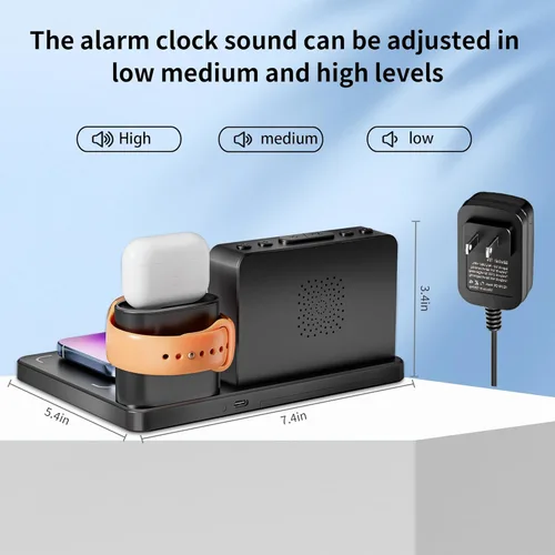 Miniatura 8 de Estación de carga rápida inalámbrica, reloj despertador 7 en 1 con soporte de cargador inalámbrico, base de carga para Apple, para múltiples