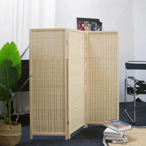 Miniatura 5 de Furnnylane Pantalla divisora corta de habitación de 3 paneles, partición independiente beige, pequeño divisor de panel de bambú para separación
