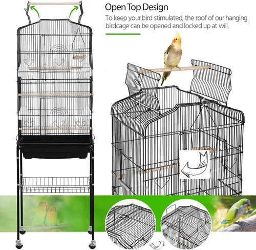 Miniatura 4 de Yaheetech Jaula para pájaros de 64 pulgadas, jaula para periquitos con bandeja deslizante, comederos, soporte enrollable desmontable, jaulas