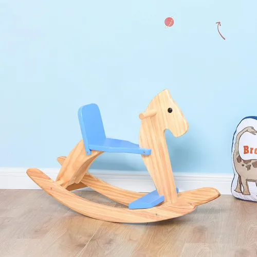 Miniatura 6 de Caballo mecedor de madera para bebé, juguete para niños pequeños, diseño clásico con pedal y respaldo seguro para niños pequeños (azul)