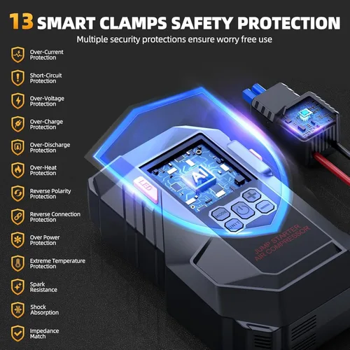 Miniatura 9 de Iniciador de 10 en 1 con compresor de aire 6000A 26800mAh 160PSI Iniciador de batería de coche portátil (todo gas/12L diésel), caja de arranque