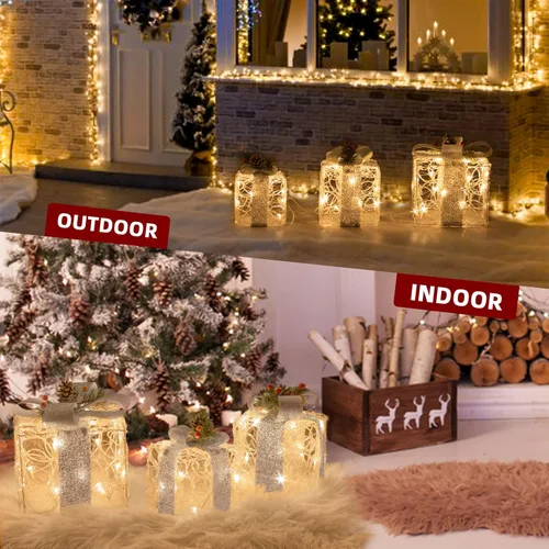 Miniatura 5 de PEIDUO Cajas de regalo iluminadas de Navidad, juego de 3, decoraciones de regalo al aire libre, paquetes debajo del árbol para interiores, fiestas