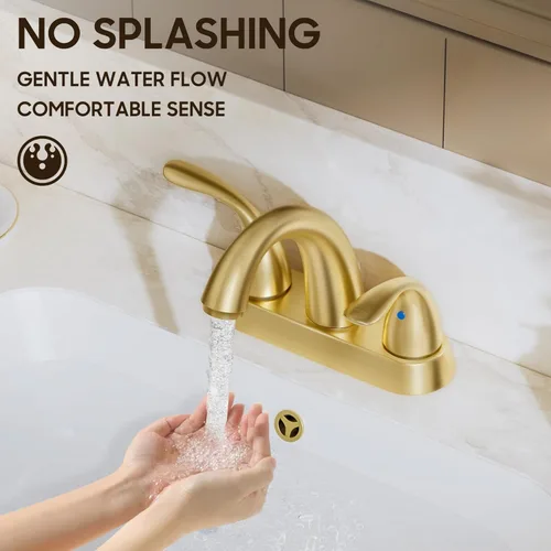 Miniatura 5 de Phiestina Grifo de Baño de Oro Cepillado de 4 Pulgadas Centerset 2 o 3 Agujeros 2 Manijas, Grifo de Baño con Desagüe Emergente de Cobre y Líneas