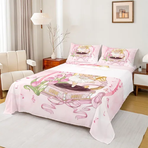 Miniatura 33 de Juego de sábanas de princesa con lazo rosa para niños, tamaño individual, zapatos de ballet, juego de ropa de cama de dibujos animados de oso