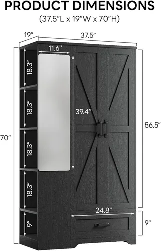 Miniatura 2 de LIKIMIO Armario Armario de 70 pulgadas, gran almacenamiento con espejo, 2 puertas, cajón y estantes, moderno dormitorio independiente de madera Negro