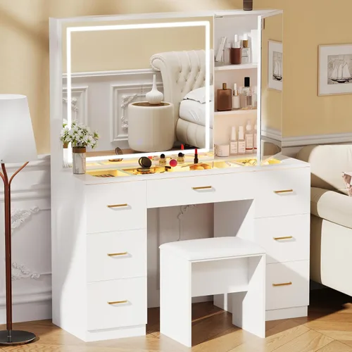 Miniatura 10 de Escritorio de tocador con espejo iluminado grande, tocador de maquillaje con parte superior de cristal, 7 cajones y brillo ajustable, mesa