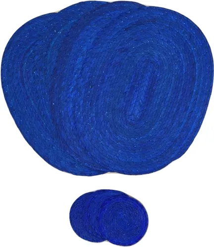 Juego de 4 manteles individuales y posavasos color azul real, estilo de decoración mexicana, ecológicos, hechos a mano, tejidos y reversibles, ideal