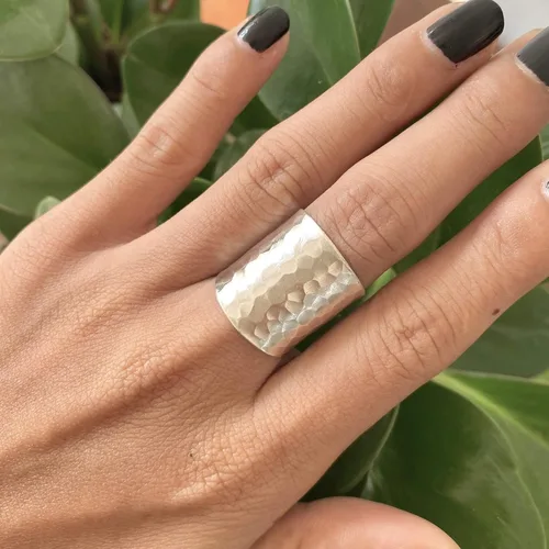 Miniatura 5 de Hammered Sterling Silver Handmade Classic Wide Band Boho Statement Ring, Shiny Finish Wrap Band Adjustable to Sizes 6-12, Also as Thumb Ring, Gift