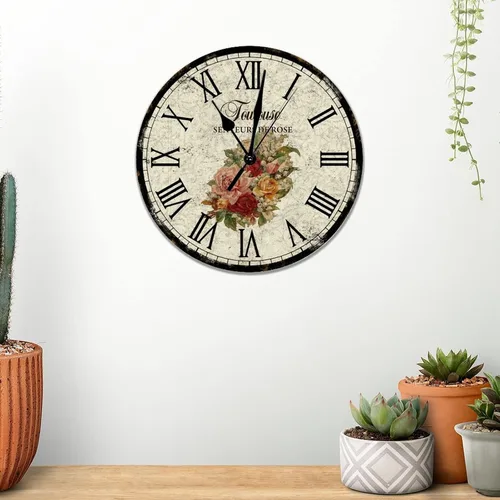 Miniatura 4 de Toulouse Senteurs De Rose - Reloj de pared de PVC, diseño floral francés, redondo, funciona con pilas, cuarzo silencioso, 10 pulgadas, rústico