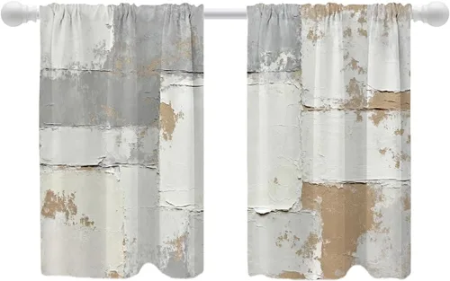 Miniatura 85 de Shrahala Beige and Orange Abstract Art Brushstrokes Blackout Curtain Tiers, Abstract Oil Paint Kitchen Valance Light Blocking Tier Drapes with Rod