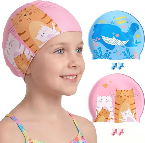 Miniatura 13 de Aegend Paquete de 2 gorros de natación para niñas y niños de 3 a 15 años, gorro de natación impermeable para niños, de silicona duradera