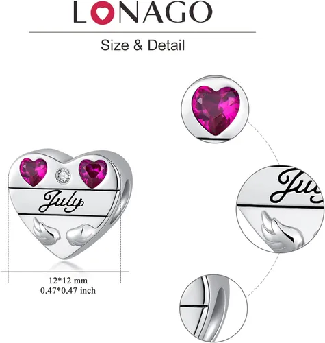 Miniatura 6 de LONAGO Abalorio personalizado de plata de ley 925 con forma de corazón y piedra natal personalizada, pulsera de ajuste de piedras preciosas