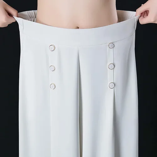 Miniatura 3 de lunhaifi Pantalones plisados de pierna ancha con estilo fresco y delgado, pantalones de cintura alta con doble botonadura y pierna ancha, pantalones