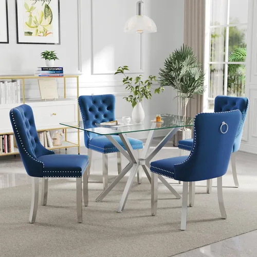 Miniatura 26 de Juego de comedor moderno de cristal de lujo de 5 piezas, juego de comedor rectangular minimalista para 4, juego de mesa de cocina de vidrio