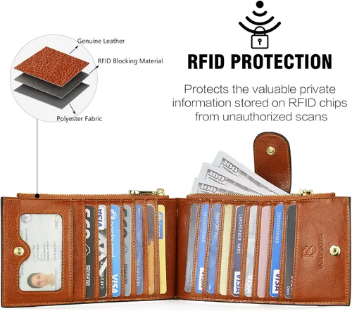 Miniatura 3 de BOSTANTEN Billeteras de cuero para mujer con bloqueo RFID delgado plegable tarjetero con bolsillo con cremallera