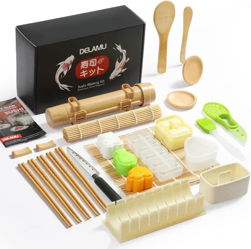 Kit de fabricación de sushi Delamu 27 en 1 [Padre-Hijo] Kit de sushi, para principiantes/expertos en sushi, con esteras de bambú para sushi, bazuca