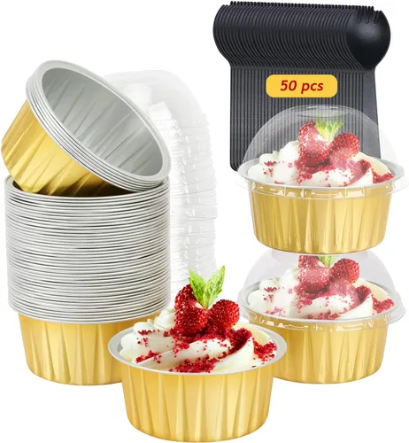 Miniatura 13 de Jumbo 5oz 148ml de papel de aluminio para cupcakes con tapas, juego de 50, Free-Air, ramequines desechables, moldes para magdalenas, mini moldes