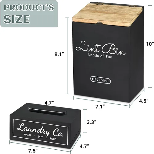 Miniatura 7 de Juego de contenedor magnético para pelusa y hojas para secadora, para lavandería, papelera de madera de granja con tapa y secadora de hojas, caja