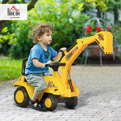 Miniatura 2 de HOMCOM Excavadora para montar, Bulldozer para niños Carro de arrastre con bocina, Almacenamiento bajo el asiento, Juguete carro de construcción