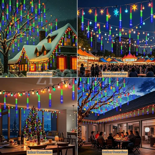 Miniatura 4 de Luces de lluvia de meteoros al aire libre, luces navideñas, 24 tubos, 576 LED, efecto de caída de nieve, lluvia en cascada, carámbanos, luz