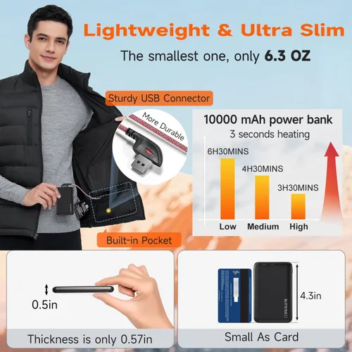 Miniatura 4 de KOVNLO Chaleco térmico para hombre con batería incluida, forro polar suave, chaqueta térmica eléctrica inteligente y ligera